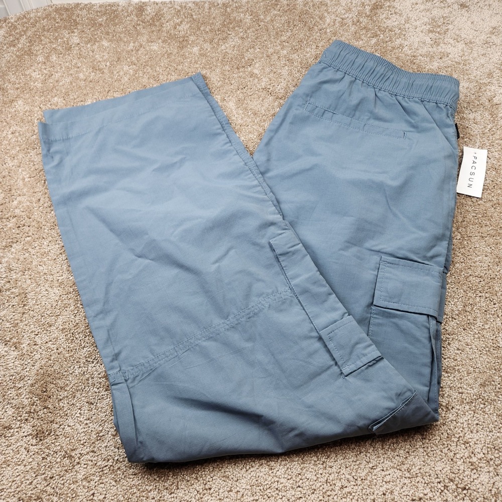 PacSun Men Baggy Cargo Pants Blue Grey Elastic Waist Cotton Nylon Size Large NWT